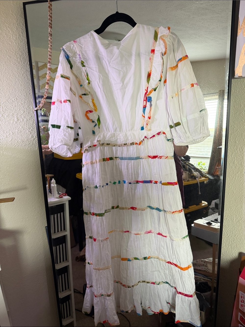 FARM Rio White Tiered Midi Dress with Multicolor Ribbon Accents - Picture 4 of 4